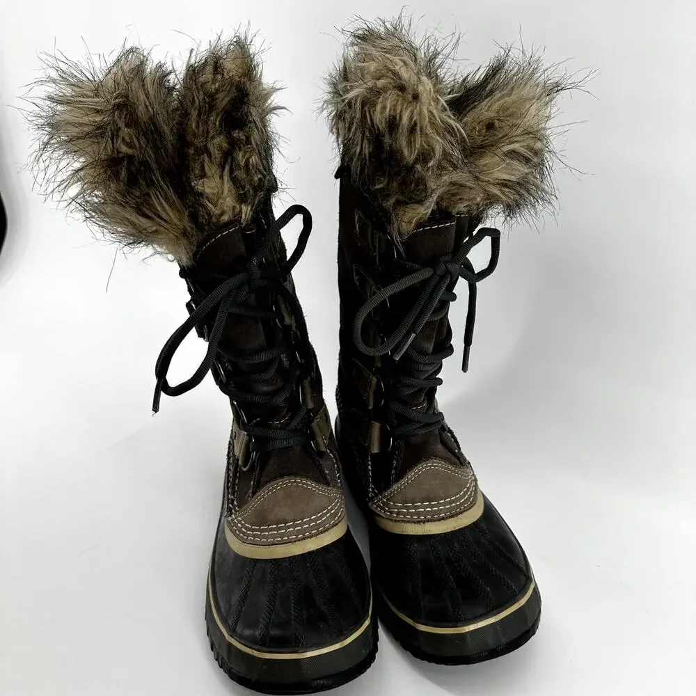 Sorel Joan of Arctic Boots Leather Winter Snow Lace Up Faux Fur Outdoor Brown 7